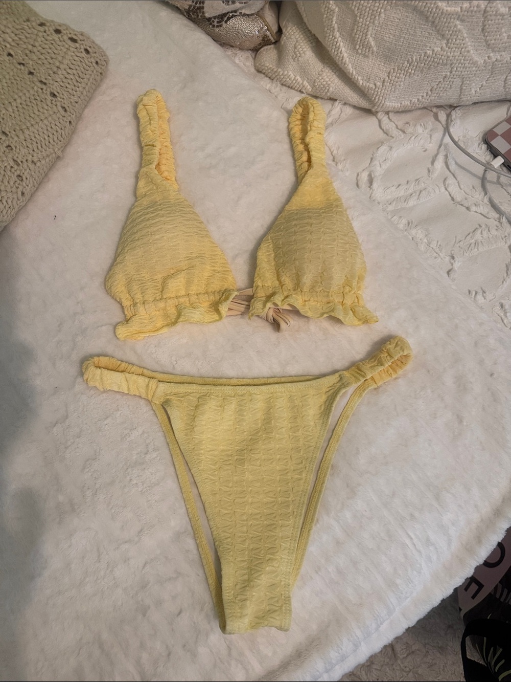 Yellow Textured Ruffle Bikini Set - by SHEIN size Small